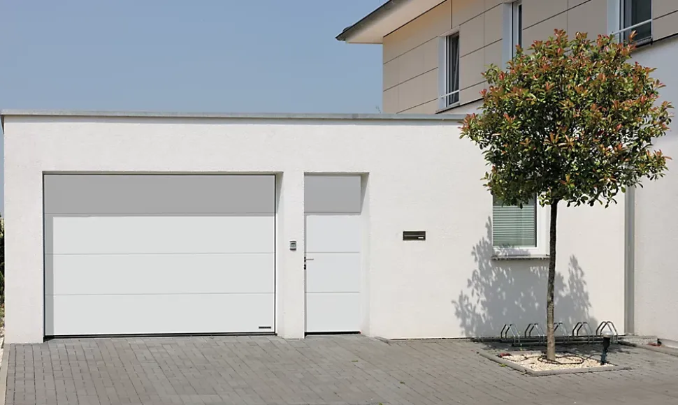Porte de garage sectionnelle acier Hormann SandGrain blanc trafic RAL 9016 - l.300 x h.212,5 cm - motorisée