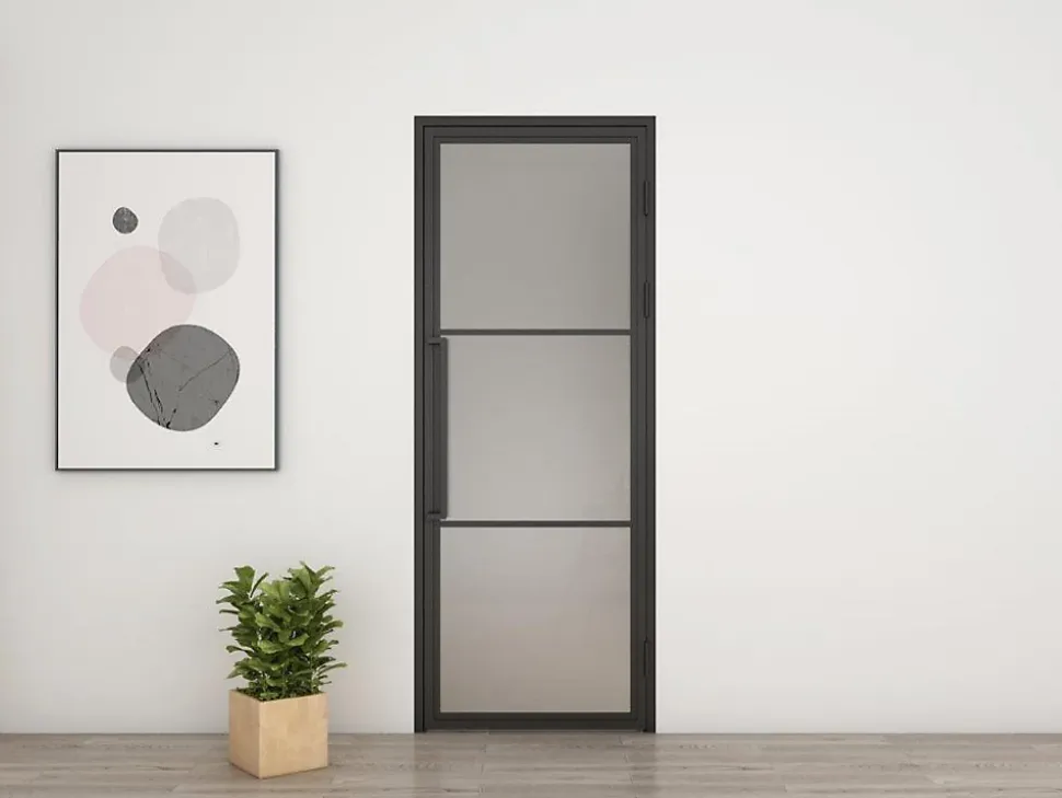 Porte Intérieure Loft En Verre Schulte - 83x197 - Atelier - Noir Mat - Satiné - 3 Vitrages - Tirant Droite