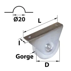 Roue gorge pour portail coulissant ø20mm L.116 x l.38 x H.85mm