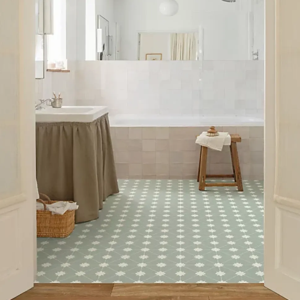 Sol Vinyle Textile - Aspect carreaux vert sauge - Rouleau de 2m x 5m