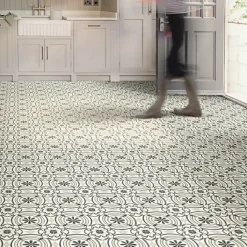 Sol Vinyle Textile carreaux de ciment Andalousie noir - Rouleau de 3m x 4m