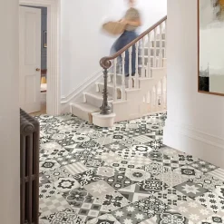 Sol vinyle Textile effet carreaux de ciment Sépia - Rouleau de 4m x 6m